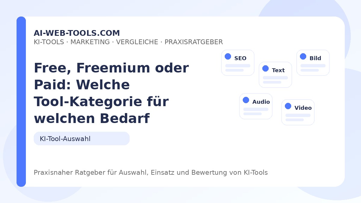 Free, Freemium oder Paid: Welche Tool-Kategorie für welchen Bedarf sinnvoll ist – Beitragsbild auf ai-web-tools.com