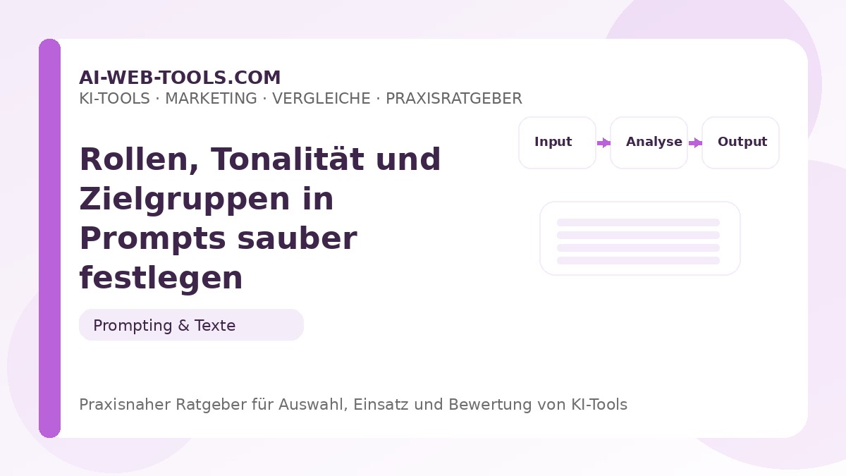 Rollen, Tonalität und Zielgruppen in Prompts sauber festlegen – Beitragsbild auf ai-web-tools.com