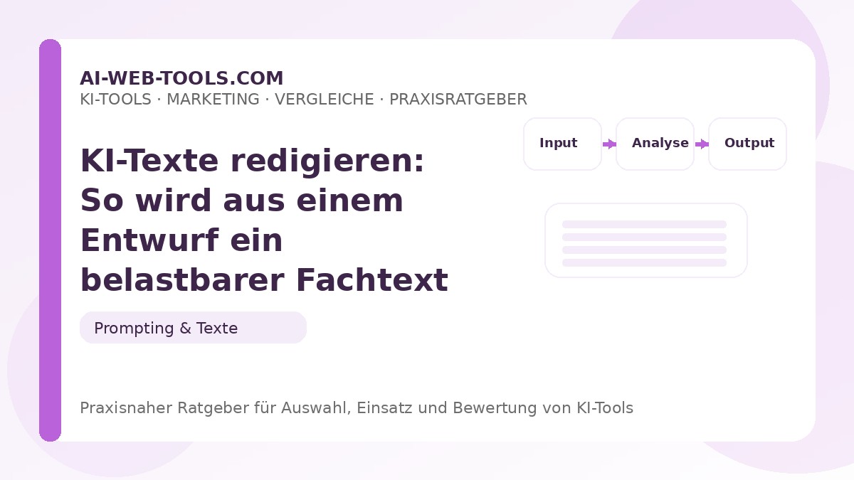 KI-Texte redigieren: So wird aus einem Entwurf ein belastbarer Fachtext – Beitragsbild auf ai-web-tools.com
